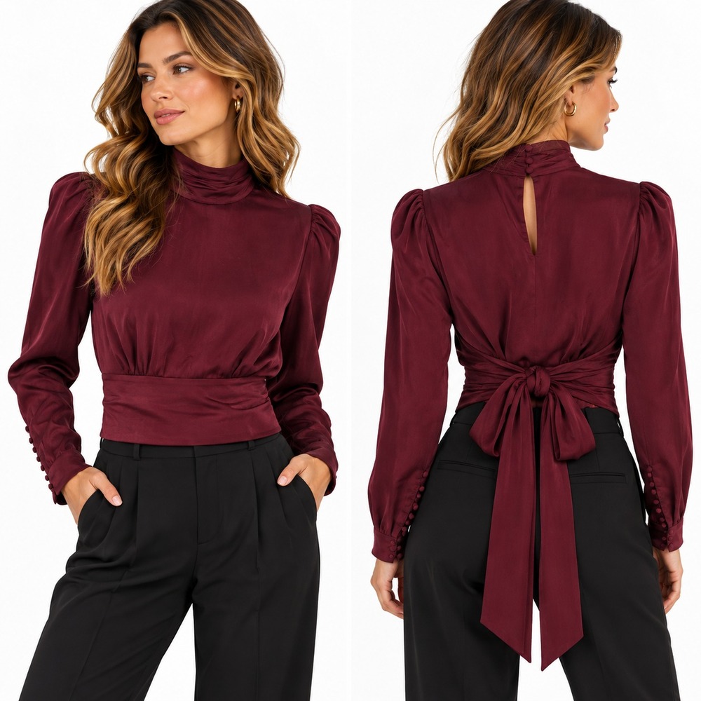 Elan Womens S Burgundy High Neck Open Back Tie Waist Blouse Puff Sleeve Party